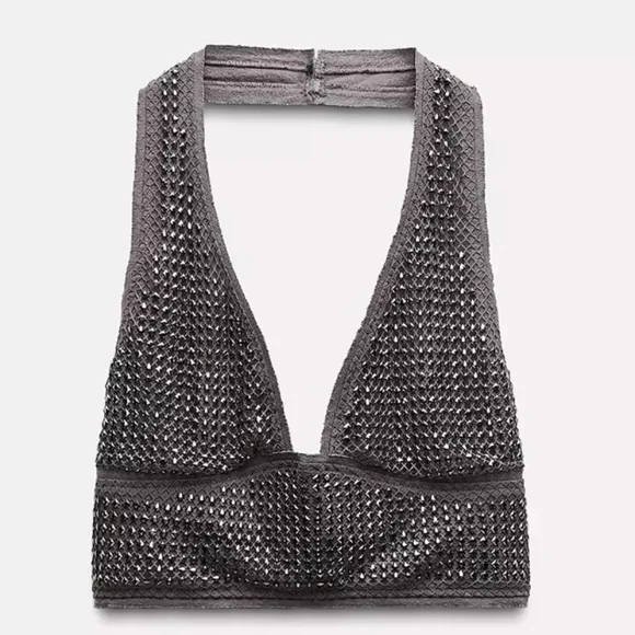 ZARA Studded Chain mail Cropped Halter Top Grey/Gunmetal Size Large - New - Picture 3 of 11